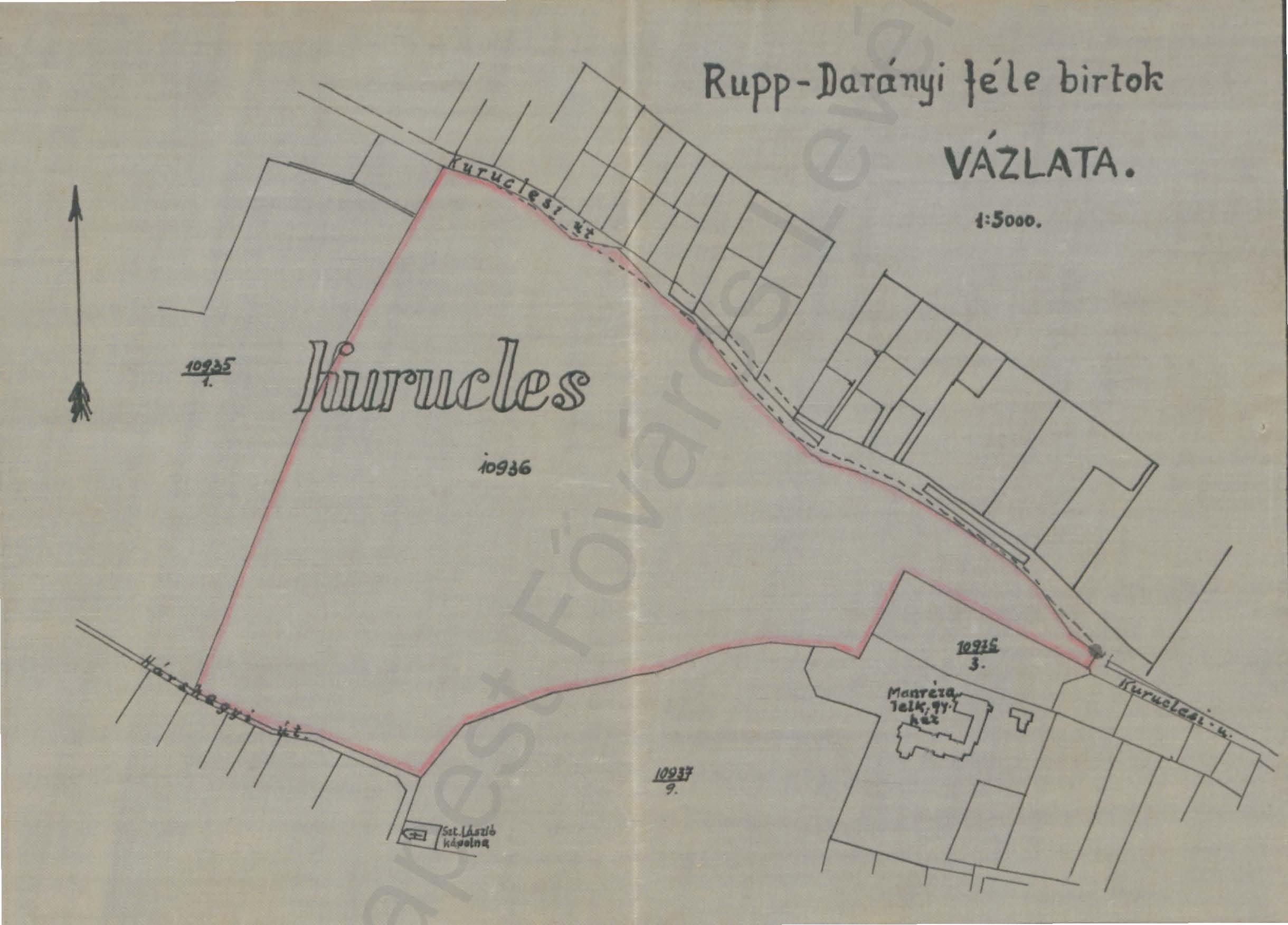 2. kép. A Kuruclesen a székesfőváros birtokában lévő terület vázlatrajza 1945-ből (HU BFL IV.1409.c XI. 1256/1945) 