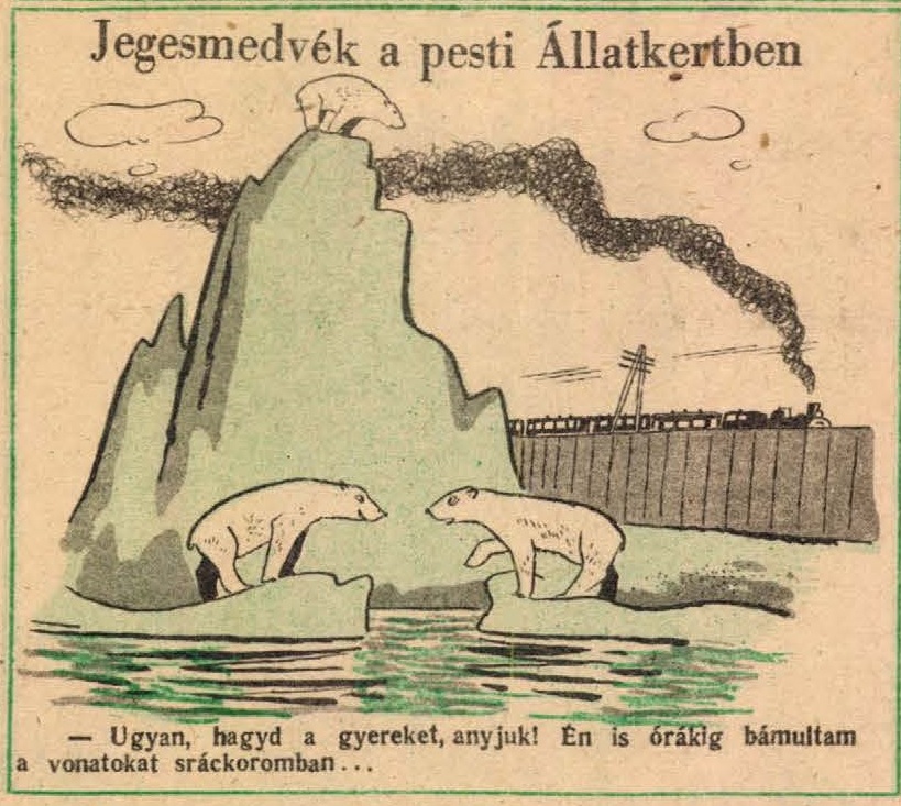4. kép. Jegesmedvék a pesti Állatkertben: Az állatkert nyugalmát 155 éve zavarja a közeli vasútforgalom (Ludas Matyi, 6. (1950) 42. sz. 6. p.)